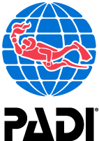 PADI logo featuring a scuba diver over a globe
